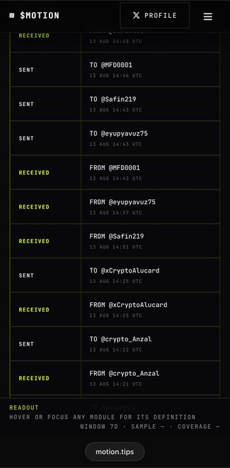 A screenshot of the $NOTION motion.tips Dapp interface showing a transaction log with sent and received messages between users (@MFD0001, @Safin219, @eyupyavuz75, @xCryptoaLucard, @crypto_Anzal) on August 13th, demonstrating the app's ability to send tokens to commenters and supporting the post's promise of sending 2x $MOTION back to anyone who comments.