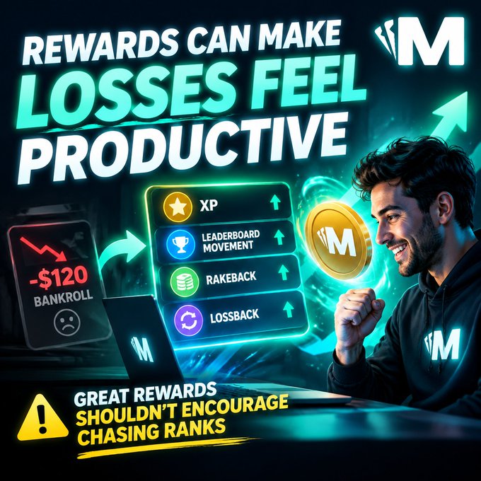 A Mint promotional graphic with the headline 'REWARDS CAN MAKE LOSSES FEEL PRODUCTIVE' showing a smiling man next to a list of rewards (XP, Leaderboard Movement, Rakeback, Lossback) and a phone displaying a -$120 bankroll, with the disclaimer 'GREAT REWARDS SHOULDN'T ENCOURAGE CHASING RANKS'.