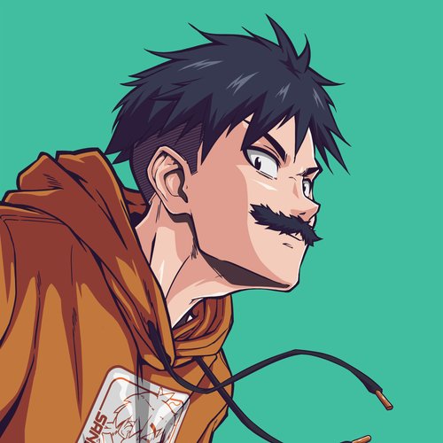 An anime-style illustration of a young man with dark spiky hair, a mustache, and an orange hoodie, shown in profile against a teal background.