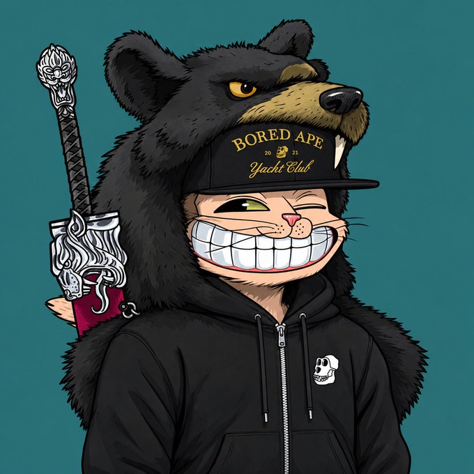 A smug cartoon ape wearing a bear fur hoodie and a "BORED APE Yacht Club" cap with "20 21" holds an ornate sword, directly referencing the BAYC brand while visually playing on the bear market tension noted in the post about $APE's relative strength.