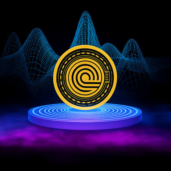 A digital illustration displays a gold coin with a stylized symbol floating above a glowing blue circular platform, set against a dark background with blue wireframe peaks.