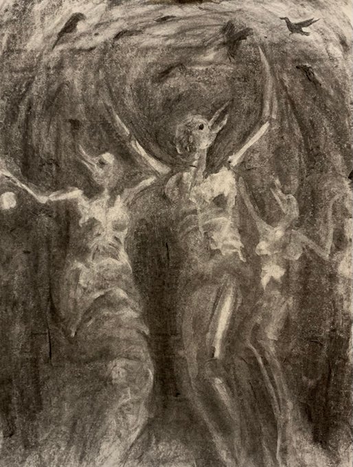 This charcoal drawing, titled "Dance in the fog," depicts skeletal figures dancing in a dark, swirling mist with birds flying overhead.
