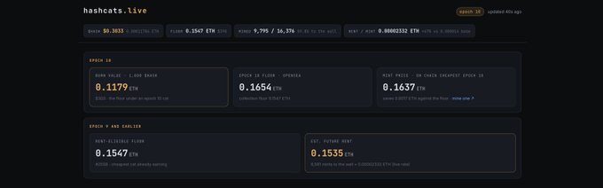 Screenshot of the hashcats.live website showing cryptocurrency statistics for Epoch 16, with a burn value of 1,000, mint value of 0.1179 ETH, floor of 0.1654 ETH, and best price of 0.1637 ETH, updated 46s ago.