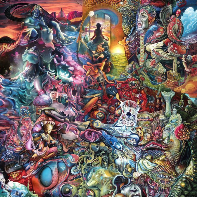 A vibrant, surrealist painting filled with numerous fantastical creatures, mythological figures, and abstract forms in a riot of colors.