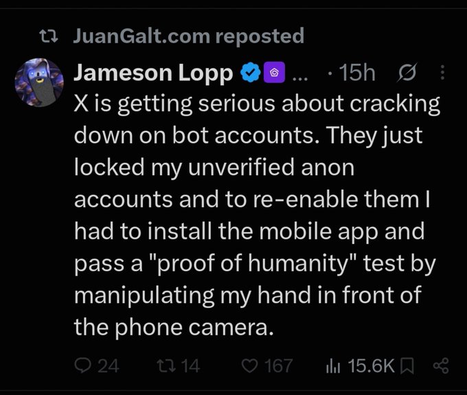 The image shows a reposted tweet by Jameson Lopp stating that X is cracking down on bot accounts by locking unverified accounts, requiring users to install the mobile app and pass a "proof of humanity" test by moving their hand in front of the camera to re-enable them. This relates to the accompanying post's confusion about how X identified spam accounts, as the image reveals X's detection mechanism—requiring biometric hand-gesture verification to distinguish real users from bots.