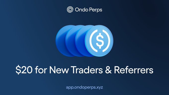 A promotional graphic for Ondo Perps featuring blue coin icons with dollar signs, advertising "$20 for New Traders & Referrers" with the website app.ondoperps.xyz displayed at the bottom. The image directly corresponds to the post's referral offer, where new traders who deposit $100 and trade $500 in volume receive $20 in trading credits, with an additional $20 going to referrers.