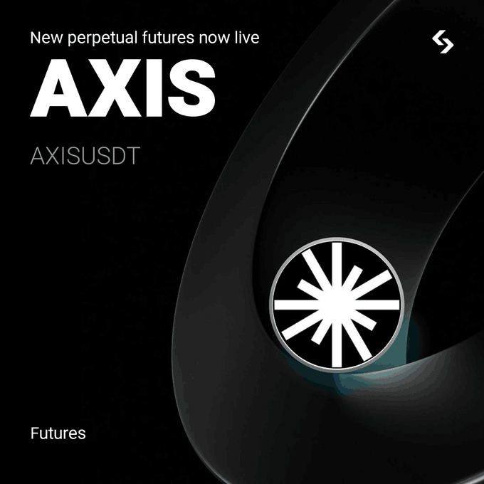 A sleek black promotional graphic announces 'New perpetual futures now live' for AXIS (AXISUSDT), featuring a stylized circular logo with radiating lines against a dark, curved background.