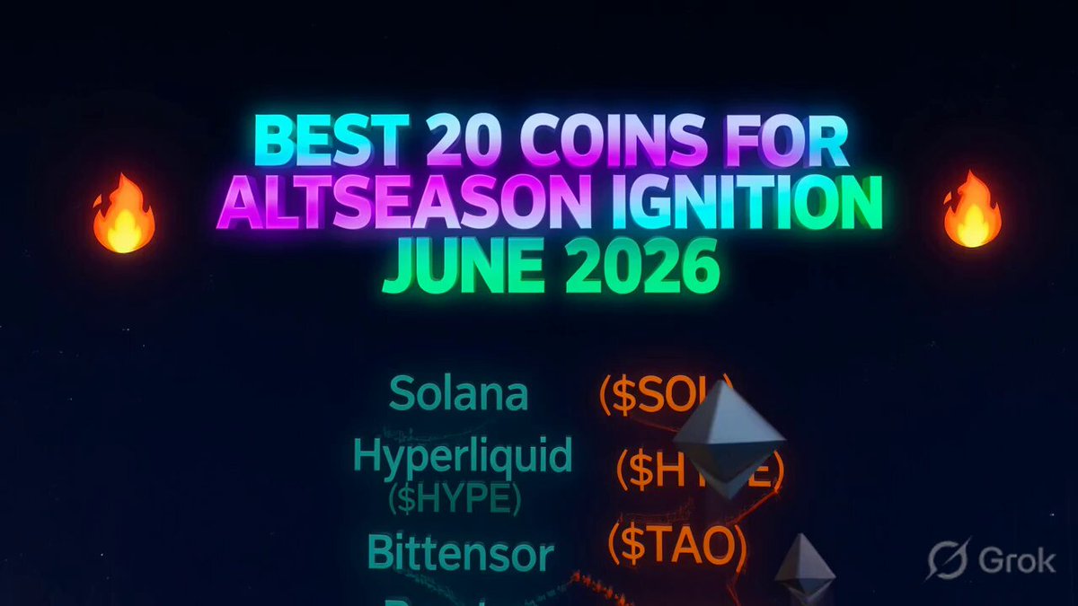 The image features a banner with text that reads "Best 20 Coins for Altseason Ignition June 2026" followed by a list of coin names, including Bitcoin, Ethereum, Ripple, BNB, Hyperliquid, Bittensor, XRP, Solana, and Ondo. The coins are listed in order from best to worst based on their rank.