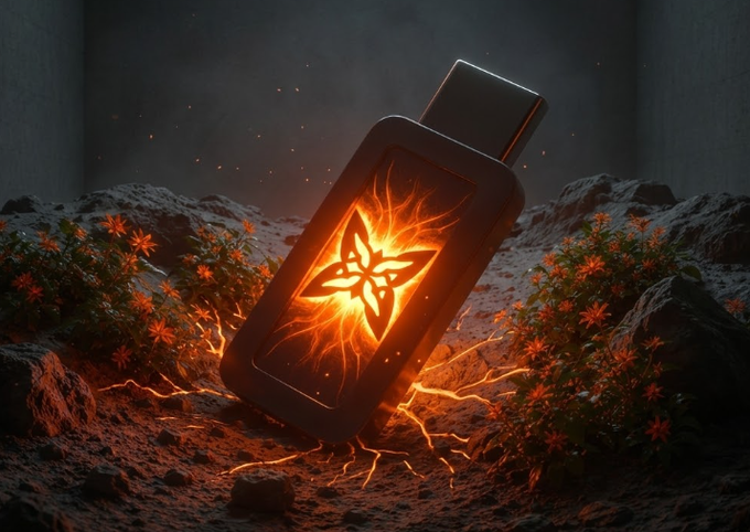 The image features a black USB drive with a unique design of a butterfly-like shape, surrounded by orange flowers. The USB drive appears to be glowing or emitting light from within, creating an intriguing visual effect against the dark background. This captivating scene is related to the post about @quipnetwork, which discusses the concept of "Quantum" and its connection to the internet. The image seems to represent the idea that Quantum technology can be accessible and used by people in their everyday lives, just like the USB drive with a glowing butterfly design.