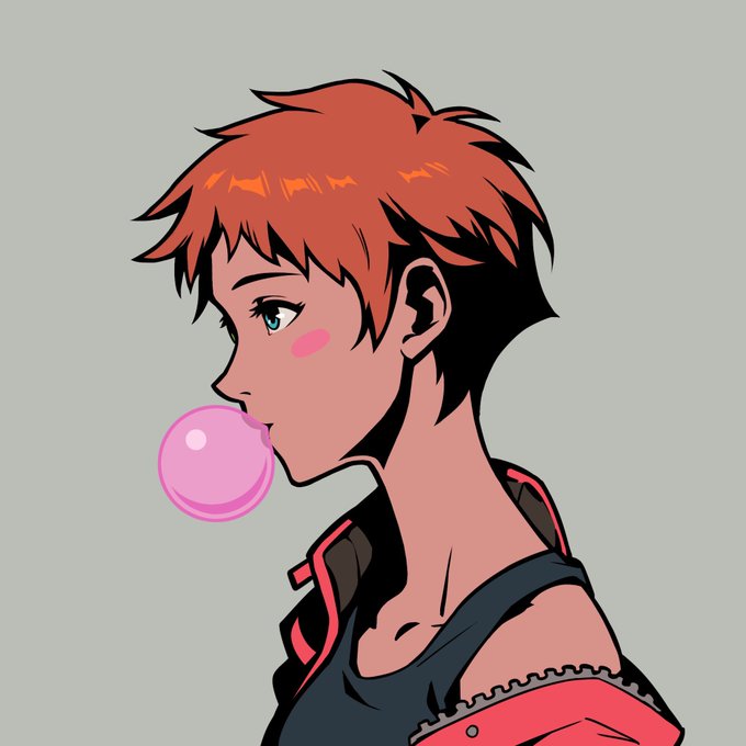 An anime-style digital illustration of a red-haired character in profile, blowing a pink bubblegum bubble.