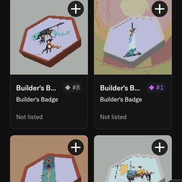 A screenshot of a digital collectibles marketplace displaying Builder's Badges with rankings #8 and #1, showing 3D island-style NFT artwork in hexagonal frames.