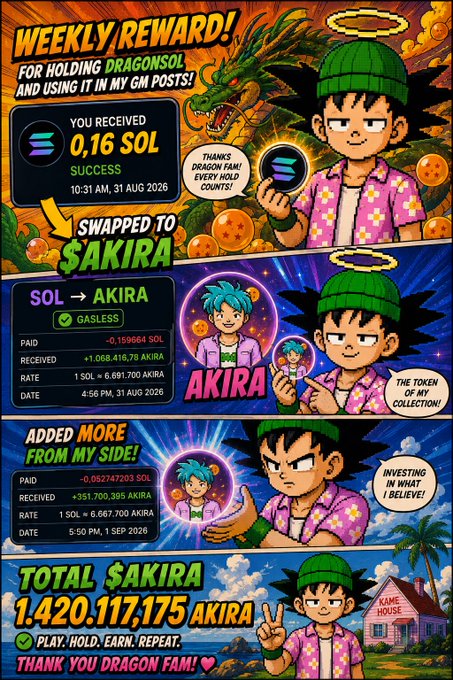 A colorful Dragon Ball-themed crypto meme showing Yamcha in a Hawaiian shirt promoting 'WEEKLY REWARD!' for holding DragonSol token, showing a SOL to AKIRA swap with total $AKIRA holdings of 1,420,117,175 AKIRA.