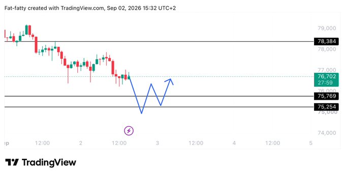 A TradingView candlestick chart titled "Fat-fatty" shows Bitcoin's price action declining from around 78,384 toward a support zone near 75,254-75,769, with an annotated blue arrow depicting a potential double-bottom pattern below 76,000. The chart, dated September 2, 2026, illustrates today's bearish BTC move and a possible reversal setup at the lows.
