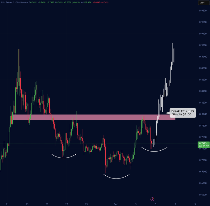 A SUI/USDT (TetherUS) candlestick chart on Binance showing a breakout above $0.80 with annotation 'Break This & Its Simply $1.00'.