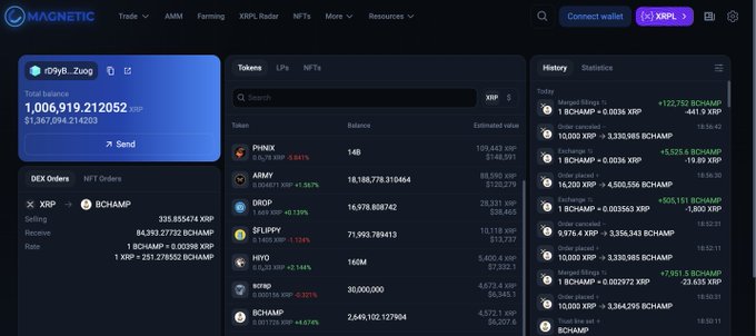The image shows the Magnetic wallet dashboard for the XRP whale address rD9yBuvcn8cCJf9up4JNZZkn5Zhcb1Zuog, displaying a balance of 1,006,919.212052 XRP with active BCHAMP tokens visible in the portfolio, including a history entry showing "15,000 XRP → 3,336,985 BCHAMP" order placement. This visually confirms the post's claim about the ~$1.4M whale wallet opening a BCHAMP trustline and placing a substantial 15,000 XRP DEX order.