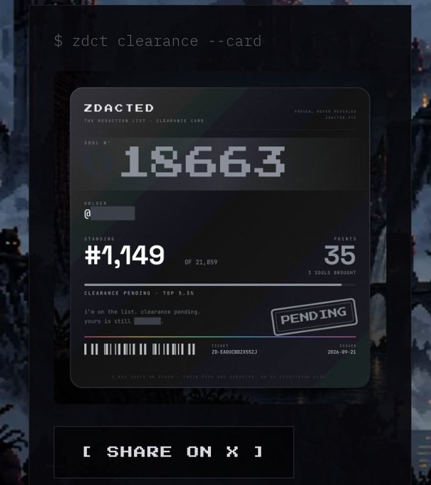 A digital 'ZDACTED' clearance card displays the soul number 186663, ranking #1,149 of 21,859, with a 'PENDING' status stamp and '$ zdc t clearance --card' visible at the top.