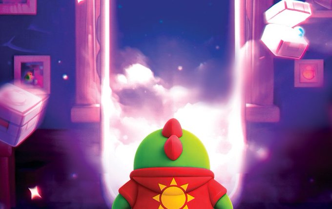 A screenshot from a 3D animated video game showing a green dinosaur character wearing a red jacket with a sun symbol, looking toward a glowing portal.