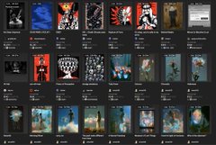 A gallery webpage displays rows of various artwork thumbnails against a dark background.