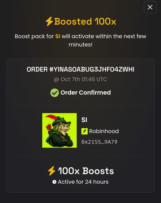 A mobile screenshot shows a 'Boosted 100x' notification confirming an order (#YINASOABUG3JHF04ZWH1) for a '$1' boost pack on the Robinhood platform, featuring a meme-style image of a cat dressed as Robin Hood.