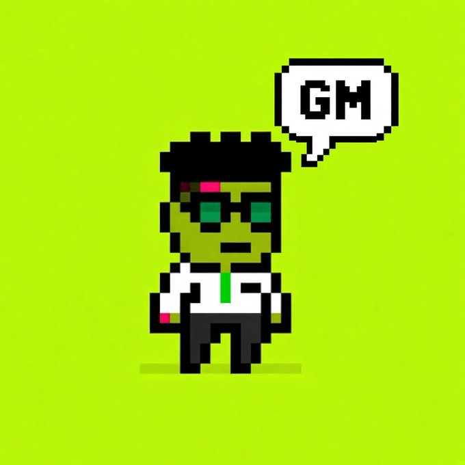 Pixel art illustration of a character with green sunglasses and a white shirt against a bright lime green background, with a speech bubble displaying 'GM' (good morning).