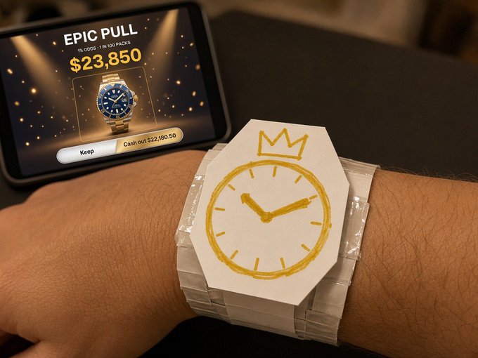 A wrist wearing a taped handmade paper watch is shown beside a phone offer labeled “EPIC PULL,” “$23,850,” with buttons “Keep” and “Cash out $22,180.50.”