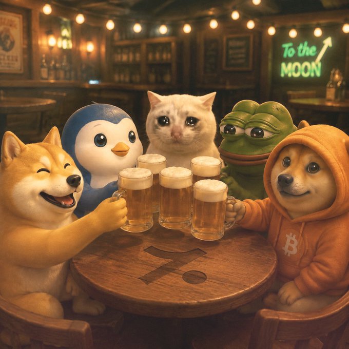 A group of meme coin mascots — a Shiba Inu, Pepe, a sad cat, and a doge in a Bitcoin hoodie — clink frosty mugs of beer at a cozy pub, with a neon "To the MOON" sign glowing in the background and an "X" laser-etched on the wooden table. The wholesome, celebratory scene perfectly captures the post's TGIF and International Beer Day cheer, uniting $DOGE, $SHIB, $PEPE, $BABYDOGE, $DOG, and $CASHCAT in a classic "cheers boiz" toast.