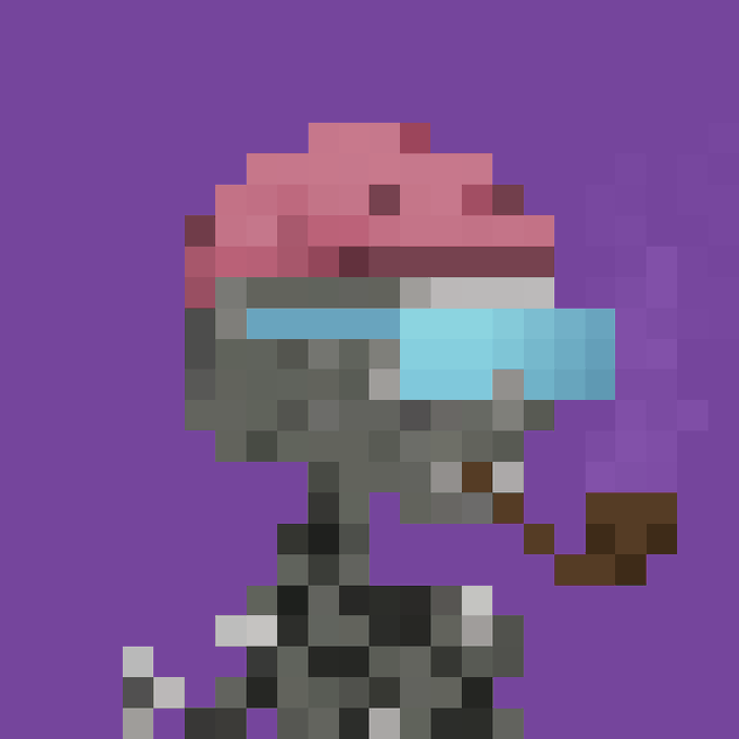 Pixel art of a stylized skeletal figure with a large pink, brain-like head and blue sunglasses, wearing dark clothing and smoking a pipe against a purple background.