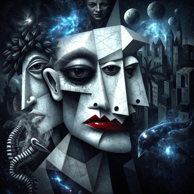 A surreal cubist-style digital artwork featuring a fragmented face with red lips, surrounded by cosmic imagery, a snake, a raven, and a dark cityscape.