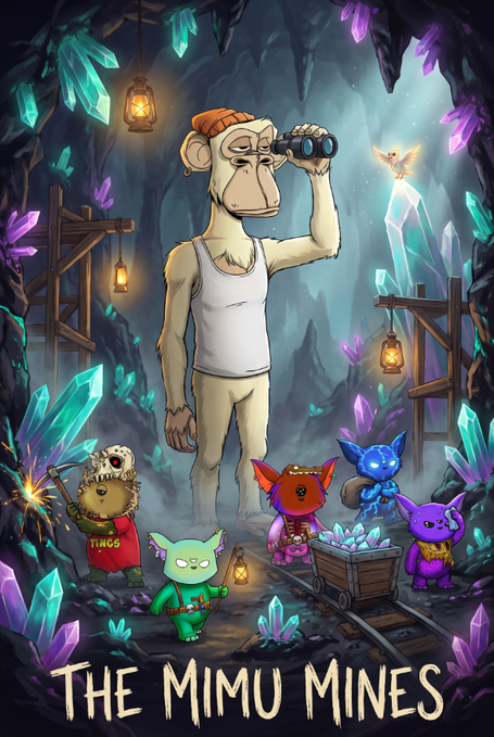 An illustration for 'THE MIMU MINES' showing a tall ape-like figure with binoculars exploring a glowing crystal cave with small goblin creatures, one labeled 'MIMU'.