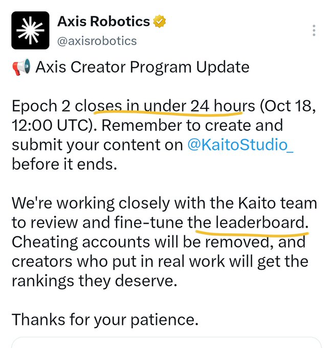 A tweet from Axis Robotics (@axisrobotics) about an Axis Creator Program Update, with underlined text mentioning 'Epoch 2 closes in under 24 hours' and 'fine-tune the leaderboard.'