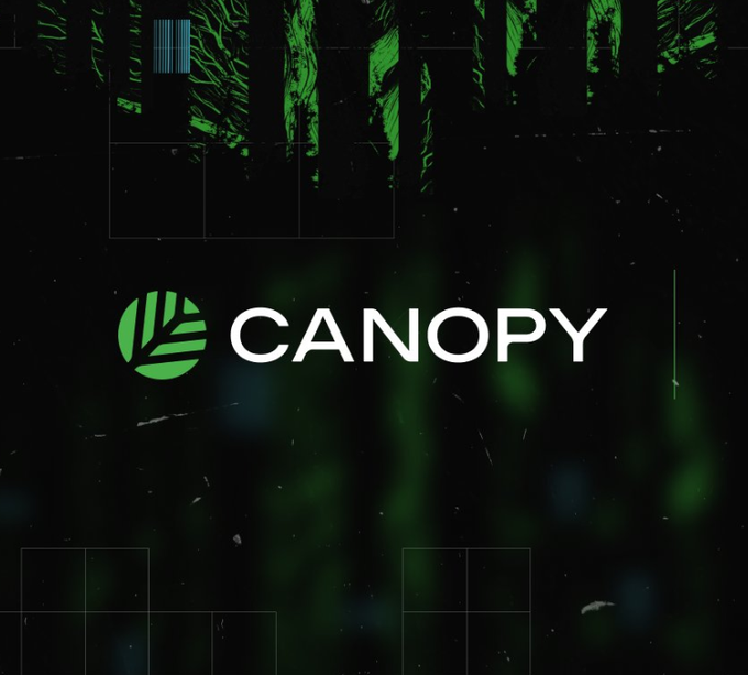 A dark promotional graphic displaying the 'CANOPY' logo in white text with a green leaf-like icon, set against a black background with green and blue abstract foliage elements.