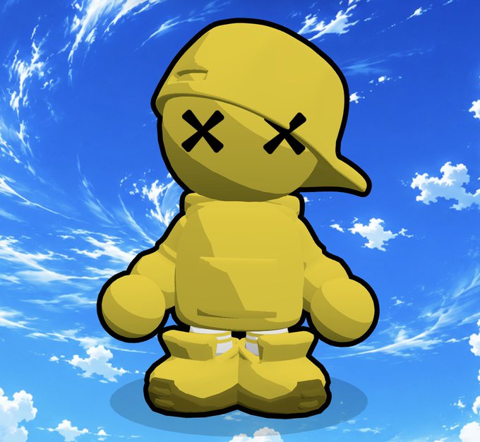 A yellow character with X-shaped eyes and a sideways cap stands against a bright blue sky with wispy clouds, matching the "All yellow guy" theme of the OMEN. The minimalist, stylized figure has no visible text or numbers, emphasizing the bold monochromatic yellow aesthetic being revealed in the post.
