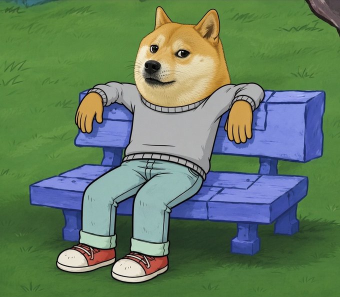 An illustrated Shiba Inu character sits casually on a blue park bench, wearing a gray sweater, green pants, and red sneakers.
