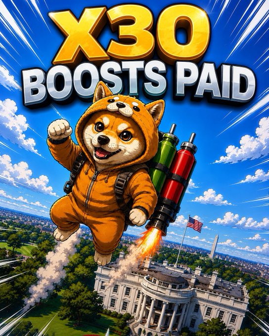 A Shiba Inu dog in an orange hoodie flies upward with rocket boosters, soaring over the White House and a city skyline, with the text "X30 BOOSTS PAID" prominently displayed. The image humorously ties to the post's discussion of $SHIBUKI by showcasing a "boosted" Shiba Inu meme concept, emphasizing the project's energetic, meme-driven marketing approach within the $SOL ecosystem.