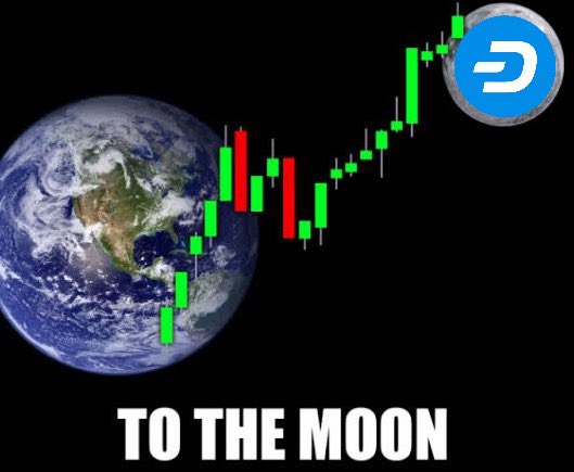 A meme showing Earth with a rising green and red candlestick chart trajectory toward a Dash coin logo, with the text 'TO THE MOON' at the bottom.