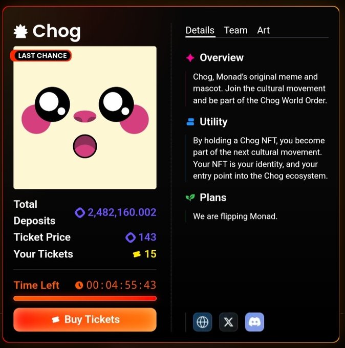An NFT minting page for 'Chog,' described as 'Monad's original meme and mascot,' showing a cute pink-cheeked character with 'LAST CHANCE' tag, 2,482,160.002 total deposits, a ticket price of 143, and a countdown timer at 00:04:55:43.