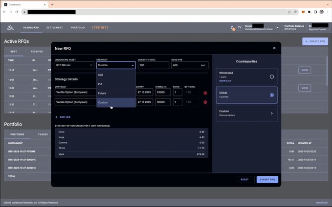 A screenshot of a trading dashboard shows a 'New RFQ' window for a 'Vanilla Option (European)' strategy on 'BTC Bitcoin', with details including quantity (BTC) of 100, expiry of 27-10-2023, and a strike of 29000, alongside portfolio strategy option Greeks for Delta, Vega, Gamma, Theta, and Mark.