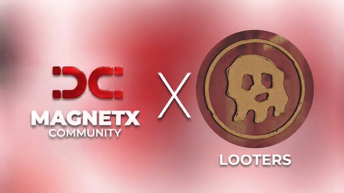 A promotional graphic showing 'DC MAGNETX COMMUNITY' with a red 'X' next to 'LOOTERS', featuring a melting skull logo on a red background.