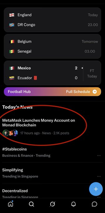 A mobile app screenshot showing football match schedules and a circled news headline: 'MetaMask Launches Money Account on Monad Blockchain' posted 17 hours ago with 2.1K posts.
