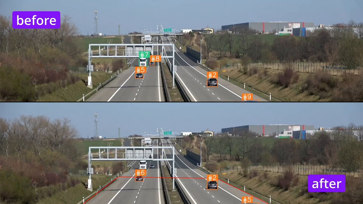 The image features two photos of a highway scene, both showing lanes divided into odd sections separated by orange lines. There are cars traveling down each section of the road, creating the impression that they are in separate lanes or traveling separately from one another. The first photo before any modifications appears to be an actual snapshot of traffic on the highway, while the second photo after some alterations gives us a different perspective of the same scene. These differences may include lane dividers and possibly additional signs. It is important for anyone working with traffic data to ensure that their models or tools remain up-to-date with any changes in road conditions or traffic patterns.
