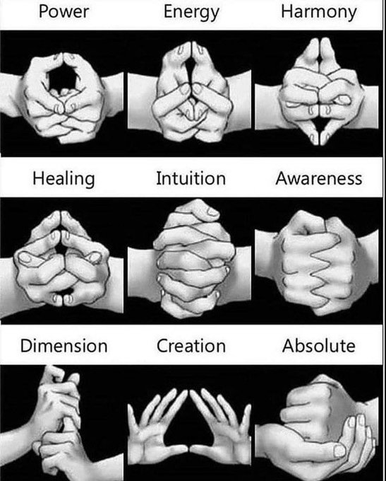 A grid of nine hand mudras captioned 'Power', 'Energy', 'Harmony', 'Healing', 'Intuition', 'Awareness', 'Dimension', 'Creation', and 'Absolute'.