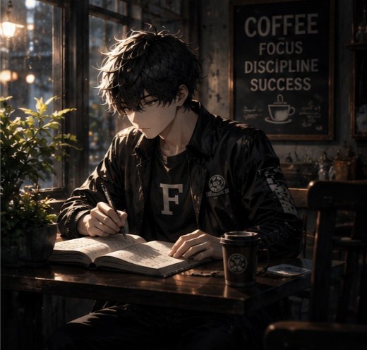 The image features a young man sitting at a table, engrossed in reading an open book with a cup of coffee next to him. The scene takes place inside a coffee shop or cafe setting, as indicated by the presence of chairs and potted plants around the room. A sign on the wall reads "Coffee Focus Success", suggesting that this is a popular spot for people who enjoy coffee and reading.