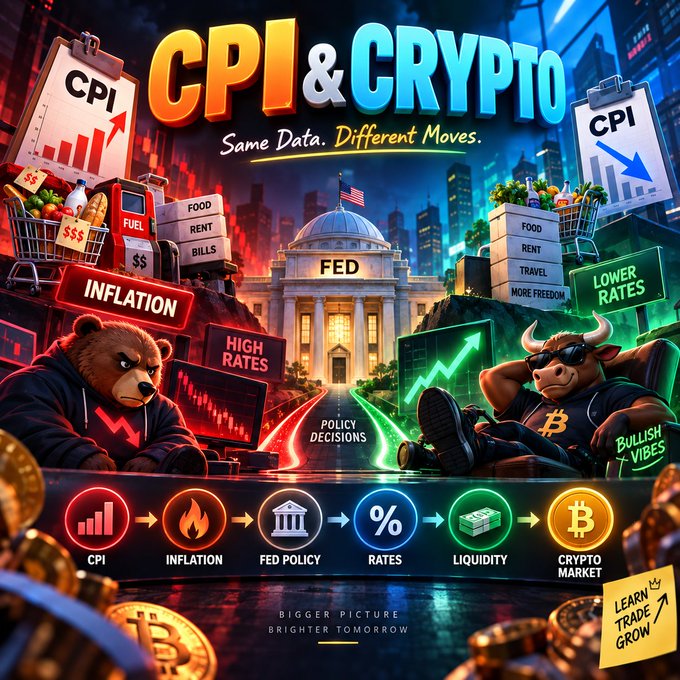 A vibrant digital illustration titled 'CPI & CRYPTO: Same Data. Different Moves.', contrasting inflation/high rates (bear) with lower rates/bullish crypto vibes, featuring the FED building and economic flowcharts.