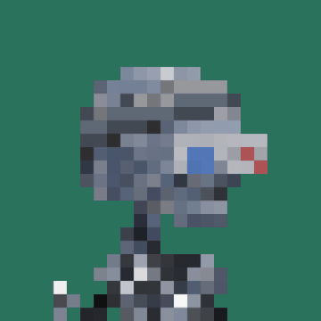 A heavily pixelated image showing a grey, robotic or armored figure with a white faceplate against a green background.