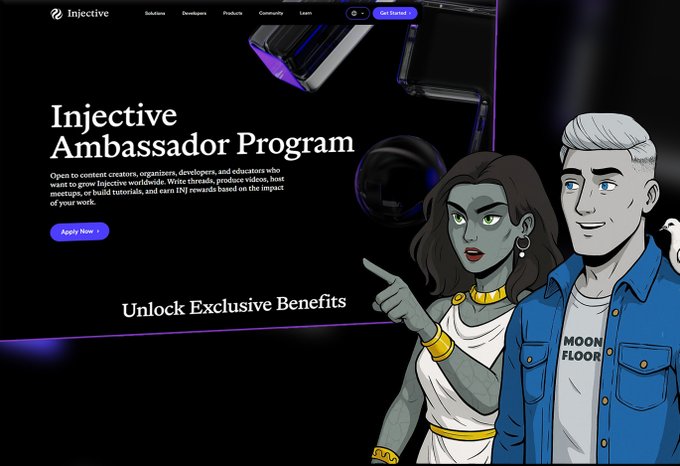 A webpage screenshot for the 'Injective Ambassador Program' featuring a dark theme with purple accents, an 'Apply Now' button, text explaining the program, and an illustration of a gray-skinned female character pointing at a male character wearing a 'MOON FLOOR' shirt.