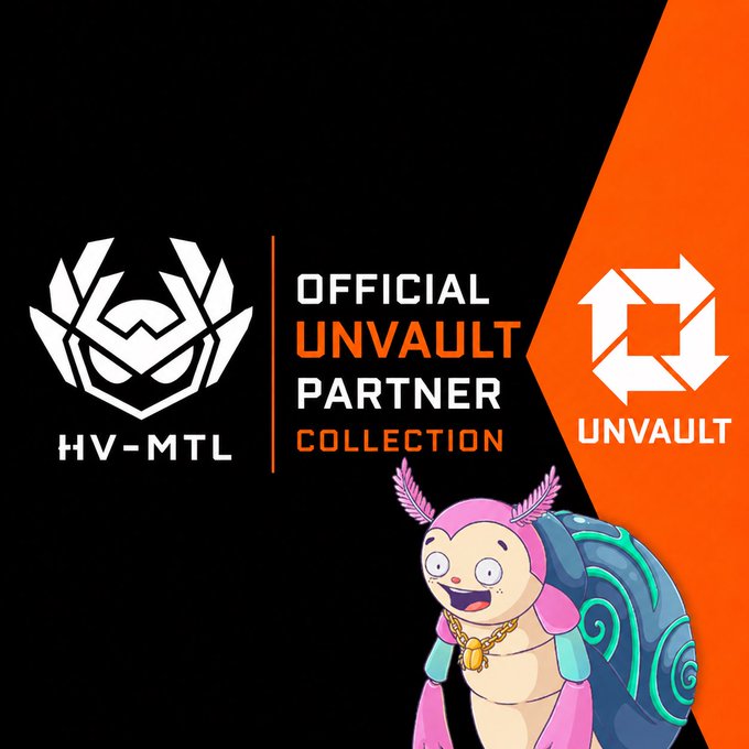 Promotional graphic with black and orange background showing 'HV-MTL' logo alongside 'OFFICIAL UNVAULT PARTNER COLLECTION' and 'UNVAULT' text, with a pink cartoon turtle character with a blue shell.