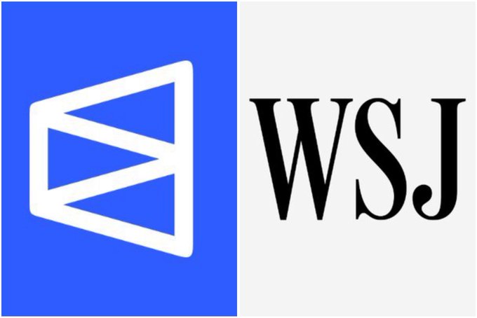 A split logo image with a blue geometric icon on the left and the black 'WSJ' (Wall Street Journal) wordmark on a gray background on the right.