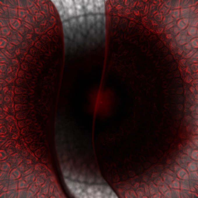 An abstract, symmetrical fractal design featuring intricate dark red patterns and a glowing, deep red orb in the center against a textured gray background.