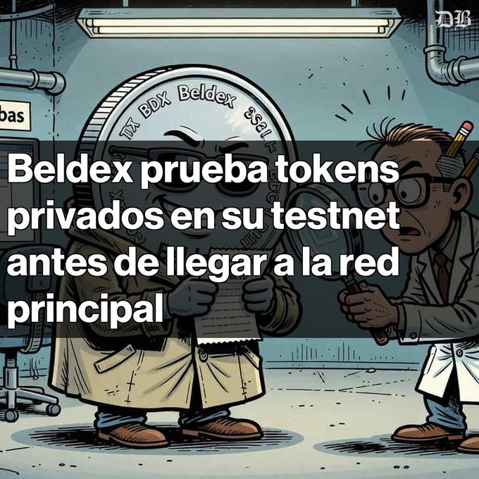 A cartoon illustration of a coin labeled 'BDX Beldex' being examined by a man in a lab coat, with text 'Beldex prueba tokens privados en su testnet antes de llegar a la red principal'.