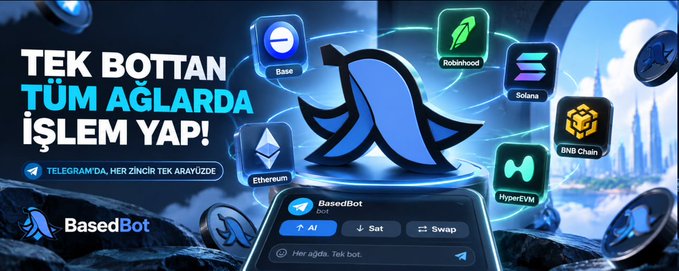 The image is a promotional banner for BasedBot, a multi-chain trading bot, featuring a central blue whale logo surrounded by network icons labeled Base, Robinhood, Solana, BNB Chain, Ethereum, and HyperEVM. The Turkish headline reads "TEK BOTTAN TÜM AĞLARDA İŞLEM YAP!" ("Trade on all networks with one bot!"), accompanied by a Telegram preview showing the "BasedBot" interface with "Al" (Buy), "Sat" (Sell), and "Swap" buttons, directly illustrating the post's message about seamless cross-chain token trading via Telegram.